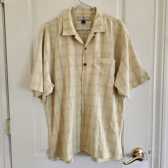 Tommy Bahama Men’s Sz L Yellow Plaid Hawaiian Silk Short Sleeve Button Up Shirt - Picture 7 of 8